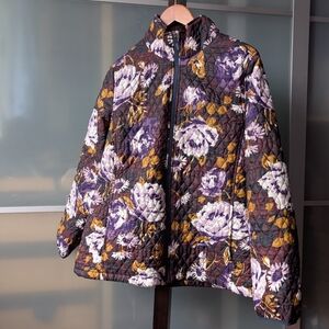 Lands' End Quilted Floral Puffer Jacket - Purple, Mustard & White - 1X